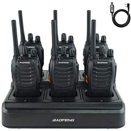 BAOFENG BF-88A Walkie Talkies 6 Way Charger Bulk FRS Radio License-Free Long Range 16 Channels 2 Way Radio with Battery USB C Charging for Team Management, School, Church (6 Pack, Black)