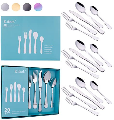 20-teiliges Silberbesteck Set für 4 Stück, Kitiok Edelstahl Küchenbesteck Utensilien, Restaurant Home Party Besteck Hochglanzpoliert Spülmaschinenfest