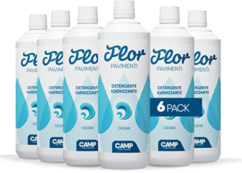 ‎CAMP FLOR OCEAN, detergente igienizzante concentrato adatto per tutti i tipi di pavimenti; gradevole profumo di Acqua Marina, 1000 ml, 6x1L