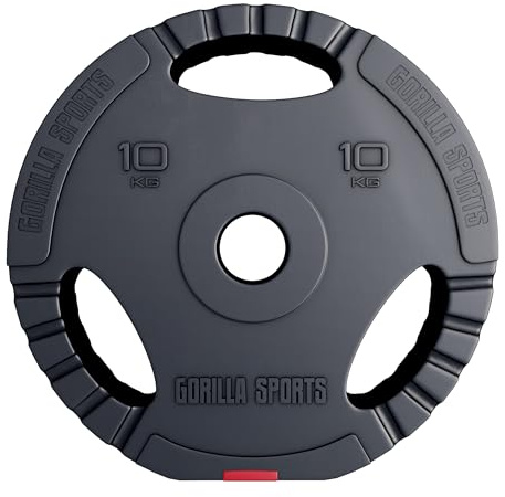 Gorilla Sports® Dischi Pesi Olimpici - 1,25kg, 2,5kg, 5kg, 10kg, 15kg, 30kg, Singolo/Set, Foro 50 mm, con Manico, Tri-Grip, Rivestiti in Plastica - Piastre per Bilancieri, Manubri, Palestra