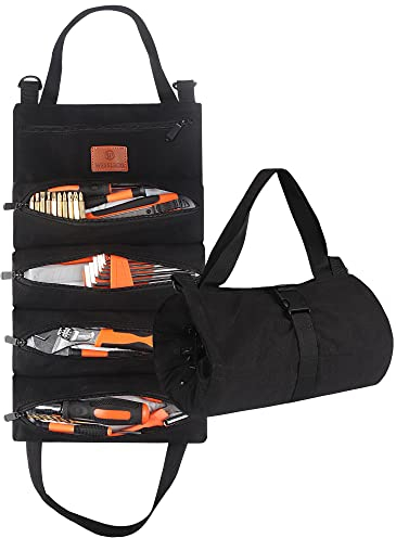 FIREDOG Aufrollbare Werkzeugtasche, Segeltuch-Schraubenschlüssel-Rolltasche, Mehrzweck-Werkzeug-Rollen-Organisation, 5 Werkzeugtaschen mit Reißverschluss (schwarz)
