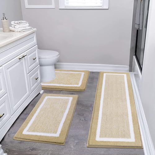 Pauwer Ultra Soft Bathroom Mat Sets 3 Piece Luxury Non Slip Absorbent Bath and Toilet Mat Set Machine Washable Bath Floor Rug Shower Rug, Beige