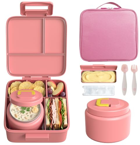 MAISON HUIS Bento Lunch Box with 8oz Soup Thermo, 5-Compartment Leak-Proof Container, Thermo Hot Food Jar and Insulated Lunch Bag, BPA Free,Travel, School (Pink)