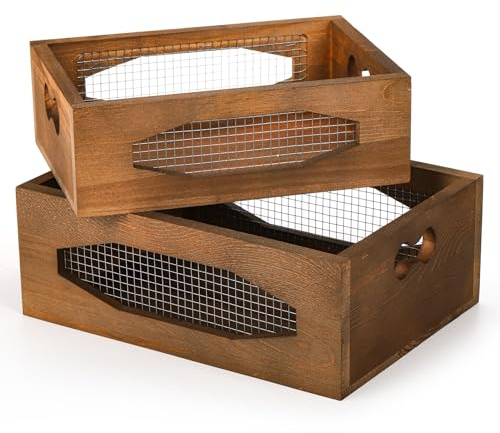 Okllen 2 Pack Wood Nesting Storage Crates with Handle, Decorative Wood Storage Box Farmhouse Rustic Crates, Nesting Storage Container Box for Fruit, Vegetables, Kitchen, Bathroom, Pantry Supplies