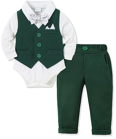 Amissz Costume Neonato Bambino, Bimbo Completo Abiti da Battesimo Matrimonio Maniche Lunghe Camicia Body + Gilet e Pantaloni Verde 0-3 mesi