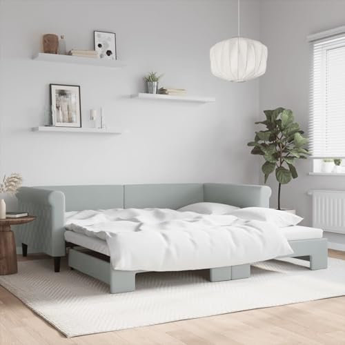 Gecheer Tagesbett Ausziehbar Sofa Gästebett Sofabett Bett Bettsofa Schlafsofa Lattenrost Ausziehbett Bettgestell Holzbett Hellgrau 100x200 cm Samt type 266