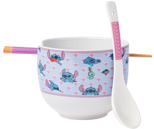 Silver Buffalo Disney Lilo and Stitch Scrump Waves Japanese Pattern Ceramic Ramen Noodle Rice Bowl with Chopsticks and Spoon, Microwave Safe, 20 Ounces