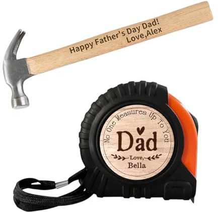 ALICESER Set di misurini a nastro personalizzati per papà, nessuno misura fino a te papà, martello con manico in legno con incisione personalizzata, set di strumenti per compleanno e festa del papà,