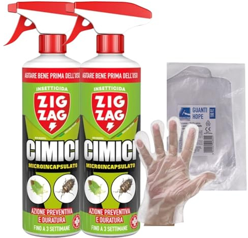 Zig Zag Cimici, Insetticida Microincapsulato a Lento Rilascio. Inodore, Specifico per Cimici, Anti Cimici ad Azione Rapida e Residuale, 500ml+OMAGGIO 100pz Guanti HDPE Monouso (2 Spray+1CF Guanti)