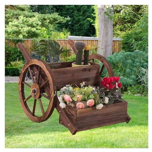 Hölzerne Erhöhte Dreirad Pflanzgefäße, Holz Wagon Planter Box Gartenpflanze Mit Rädern Dekorative Blumenpflanze Im Innen- Und Außenbereich Blumenwagen Für Patio Garten Balkon(52x68x47cm)