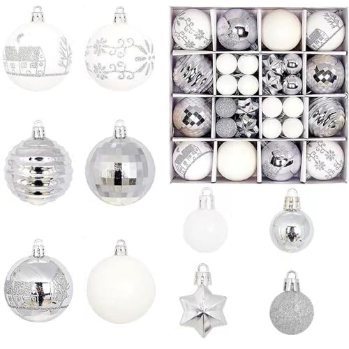 BRTNUP 44 Stück Weihnachtskugel Ornamente Kunststoff Weihnachtsbaumkugeln Silber Weiß Christbaumkugeln Set Weihnachtsbaum Deko
