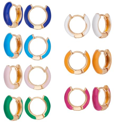 DICOSMETIC 7 paia di orecchini Huggie Hoop in lega e smalto, 14 x 4,5 mm, bianco, rosa, arancione, blu, viola, set di piccoli anelli Huggie