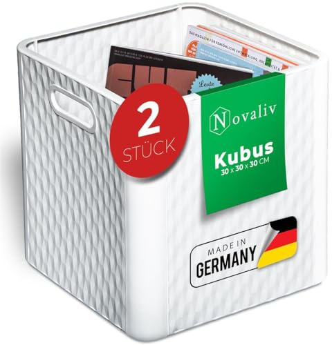 Novaliv 2er Set Aufbewahrungsbox 30x30x30 cm Weiß – Faltbare Boxen für Regalsysteme, Körbe aus Kunststoff mit Griff, ideal als Einsatz im Kallax Regal oder Schrank