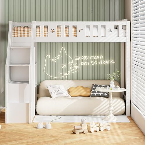 Moimhear Hochbett 90x200cm, mit Stauraumleiter und Regalen, Einzelholzbett, Jugendbett, Kinderbett, Massivholzrahmen (weiß)