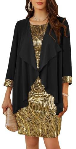 GRACE KARIN Damen Ärmelloses Rundhals Pailletten Cami Kleid Elegant Zweiteiler Tüll Cardigan Abendkleider für Party