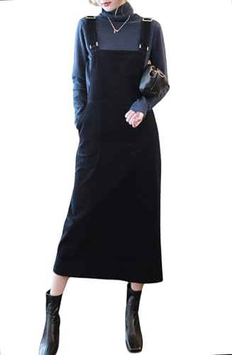chouyatou Womens Cute Corduroy Adjustable Strap Overall Dress fringe Pinafore Baggy Maxi Long Tank Dress (Large,Black)