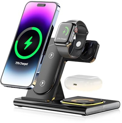 Carehabi 3 in 1 Kabelloses Ladegerät Wireless Charger Induktive Ladestation für iPhone 16 15 14 13 12 11 Pro Max für Apple Watch 10/9/Ultra/8/7/6/SE/5/4/3/AirPods Pro 4 3 2