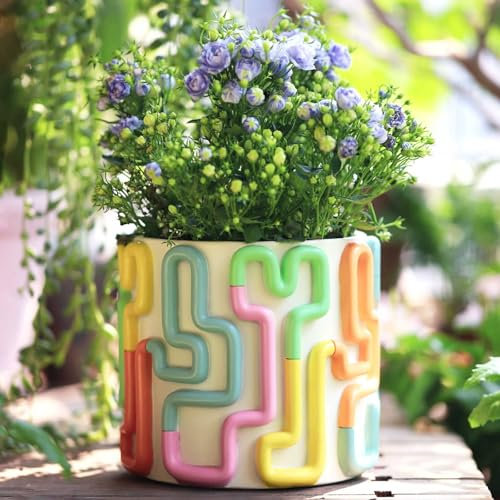 AmiCera Blumentopf mit Farbenfrohen Kringellinien, Süßer Einzigartiger übertopf mit Drainage, Vintage Übertöpfe für zimmerpflanzen, Eklektischer Sukkulenten Gartentopf für Modernes Boho Dekor
