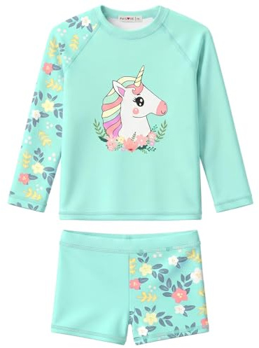 weVSwe Flicka baddräkt UPF 50+ skydd långärmad tvådelad rosett badmode rash guard volanger sällsynta sömmanschetter, Grön enhörning, 10 år