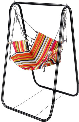 Sedia a dondolo con supporto, capacità massima 199,6 kg, sedia sospesa resistente per interni ed esterni, patio, cortile, struttura a forma di A, colore nero