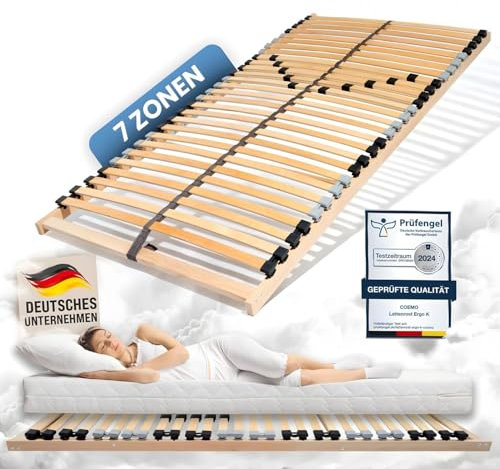 Coemo Lattenrost starr Ergo NV 140 x 200 cm 7-Zonen 28 Leisten Mittelzonenverstellung, Härtegrad einstellbar auch für Doppelbetten - für alle Matratzenarten | Schlaftypen