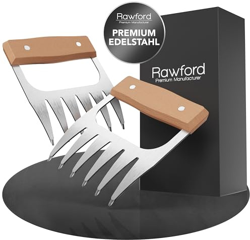 Rawford Pulled Pork Krallen – LFGB-geprüfte (TÜV) Meat Claws aus Edelstahl – ergonomischer Holzgriff für sicheren Halt – Fleischkrallen zum Zerkleinern, Heben & Fixieren – inkl. gratis BBQ E-Book