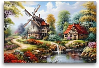 CALVENDO Premium Textil-Leinwand 45 x 30 cm Querformat Windmühle am Bach | Wandbild, HD-Bild auf Keilrahmen, Wanddekoration, Kunstdruck von Sabine Löwer