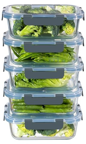 MFY 5 Pack 36oz Glass Containers with Lids, Reusable Meal Prep Containers, Airtight Glass Food Storage Containers with Lids, BPA-free, Microwave, Oven, Freezer & Dishwasher Safe, Gray