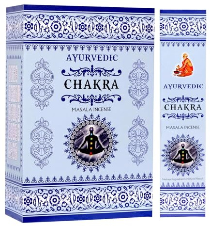 Ayurvedic Chakra Masala Räucherstäbchen – 12 x 15 Sticks | Handgerollte Agarbatti mit Chakra-Duft | Ideal für Puja, Yoga, Meditation & Gebet | Mit Kajal Sticker Floral & devotional
