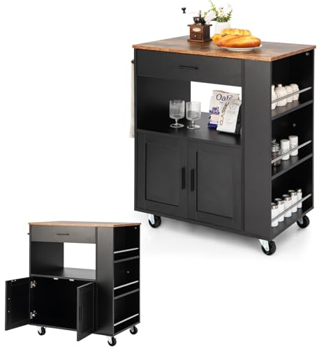 KOMFOTTEU Carrito de Cocina con Ruedas, Carro de Servicio con 3 Estantes Laterales, Armario de Puertas y Cajón, Isla de Almacenamiento con Toallero, Buffet de Comedor, 82 x 50 x 92 cm (Negro)