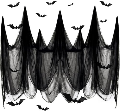 215 * 600CM Tissu Effrayant d'halloween, Effrayant Chiffons de Mousseline et 12 PC Noir 3D Fausse Chauve-Souris, Tissu de Gaze Effrayant d'halloween