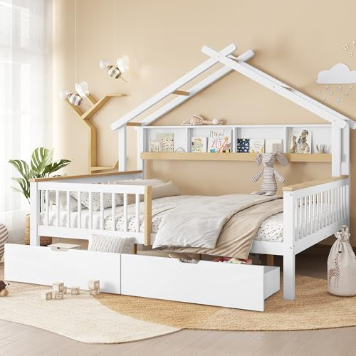 Merax Kinderbett Jugendbett 140x200cm, Hausbett mit Schubladen und Lagerregal, Doppelbett mit Rausfallschutz und Lattenrost, Dachdesign, Multifunktionales Tagesbett für Jungen und Mädchen, Weiß&Natur