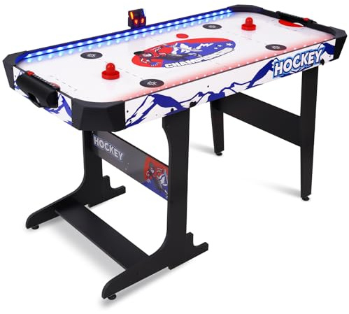 57 LED Light-Up Air Hockey Table, Foldable Arcade Style Air Hockey Game Set w/Accurate Electronic Scoring, in Line Power Switch, Powerful Motor for Kids Adults Home Game Room (White Playfield)