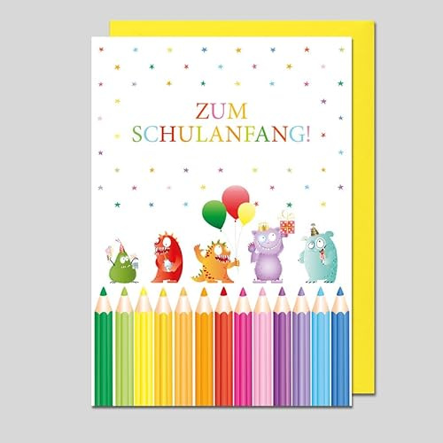 Michel Verlag Glückwunschkarte zum SCHULANFANG MONSTER TIERE für Jungen & Mädchen | Format 17x12cm | Klappkarte mit Umschlag | Karte Einschulung Schulbeginn 1.Schultag | Made in DE (Kleine Monster)