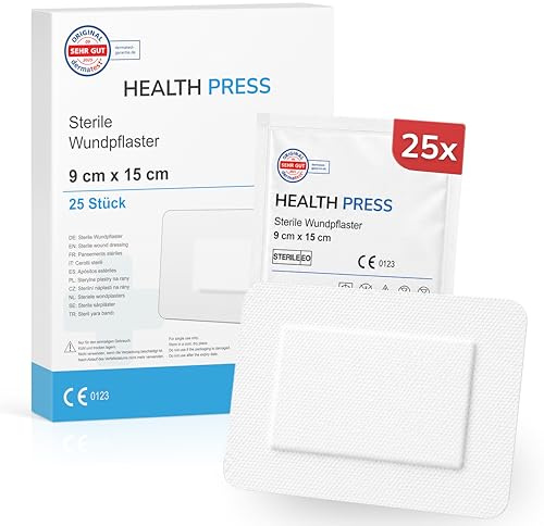 Health Press sterile Wundpflaster, 9 x 15cm, 25 Stück | Steriler Wundverband, Pflaster Set einzeln verpackt, Verbandsmaterial hautfreundlich & sicher haftend