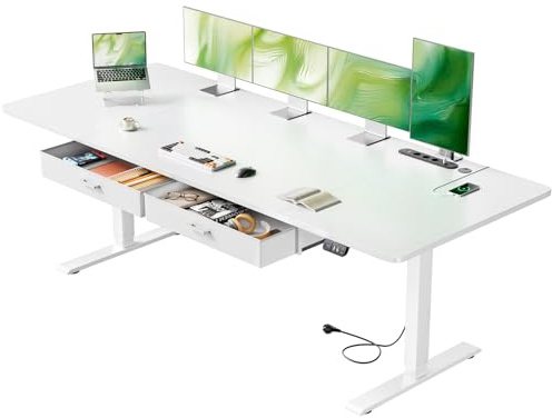 HLONONE Höhenverstellbarer Schreibtisch 200 x 80 cm mit Schubladen, Schreibtisch Höhenverstellbar Elektrisch mit Steckdosen und USB-Buchse, Stabiler Standing Desk mit Memory Funktion, Weiß
