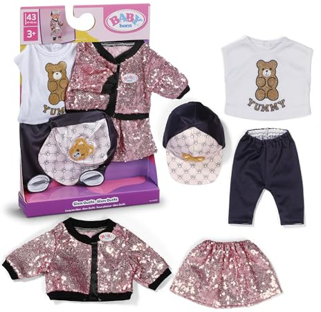 BABY born Glam-Outfit für 43 cm Puppen mit Paillettenrock | Paillettenrock, Jacke, Shirt mit Teddydruck, Cap und Leggings