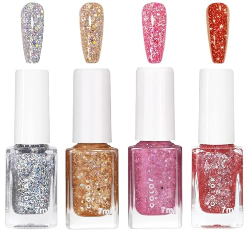Nail Polish Set - Glitter Nail Varnish Sets - Quick Dry & Long Lasting Glitter Na/il Varnish - Long Lasting French Manicure N/ail Polish - 4pcs Na/il Gift Set - No Need Cure
