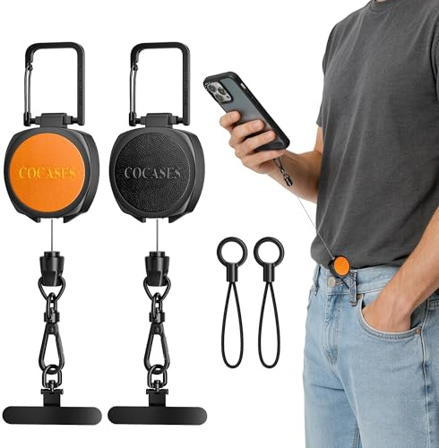 COCASES 2 Pack Retractable Phone Lanyard Anti-Theft Security Key Chain | Cell Phone Strap with Steel Line and 360°Metal Hook Tether Tab Carabiner for Skiing Bungee Hiking Climbing Fishing,Travelling