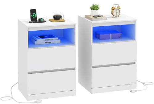 Nachttisch 2er Set, mit Steckdosenleiste, LED, Versteckter Schublade, Weiß | Beistelltisch, mit 3 Schubladen, 1 Offenes Fach, 2 AC-Steckdosen, 1 USB-A-Anschluss, 1 USB-C-Anschluss, Modern