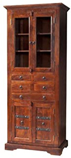 MASSIVMOEBEL24.DE | Oxford Vitrine Akazie 80x50x195, Farbe:Dunkelbraun lackiert, Größe:80x50x195 cm (BxTxH)