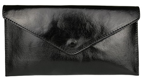 Girly Handbags Womens Genuine Leather Italian Metallic Shimmer Envelope Wrist Clutch Bag (Black)
