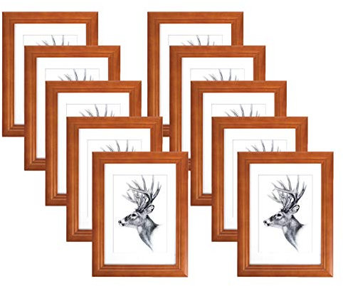 WOLTU Bilderrahmen 15x20cm 10er Set Fotorahmen Holzrahmen mit Passepartout, zum vertikalen oder horizontalen Aufhängen/Aufstellen, Posterrahmen Collage Wanddeko, Braun