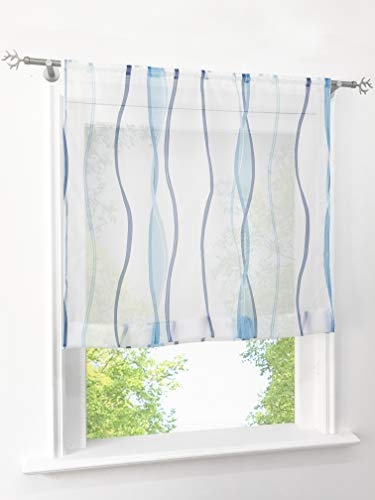 Voile Raffrollo mit Wellen Druck Design Rollos Schlaufen Transparent Vorhang (BxH 80x140cm, Blau mit Tunnelzug)