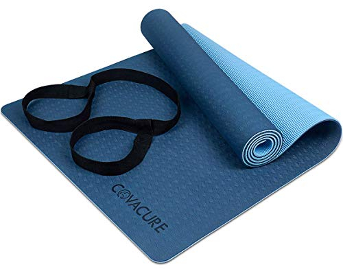 COVACURE Yogamatte Gymnastikmatte Sportmatte - 183 x 66 x 0,6 cm Fitnessmatte TPE rutschfest Yogamatte, Licht, Langlebig mit Tragegurt für Yoga & Pilates (Blau)