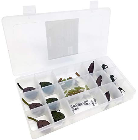 Carp On - Tackle Box Set of 12 Quality Soft Touch Camo Carp Weights (Styles: In-Line Flat Pear, Swivel Flat Pear, Distance and Gripper) with Bolt Rigs & Swivels - Assorted Sizes and Colours [35-001]