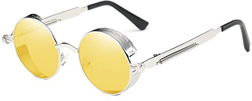 Dollger Vintage Steampunk Retro Sonnenbrille aus Metall mit rundem Kreisrahmen(gelb getönte Linse/Silberrahmen)