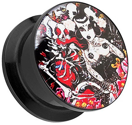 Taffstyle Ohr Plug Flesh Tunnel Piercing Ohrpiercing Kunststoff Schraub Schraubverschluß Picture mit Rockabilly Dead Girl & Skelett Motiv