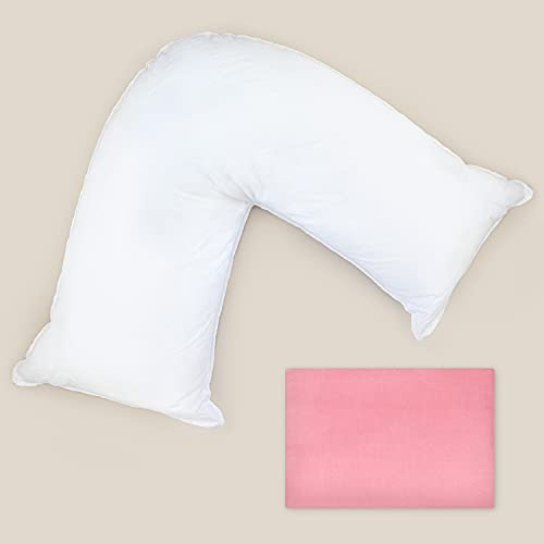 Grace Home V Shaped Support Pillow with Pillowcase - Hollowfibre Filled Orthopedic / Pregnancy / Nursing Pillow - Back Neck Shoulder Legs Support V Shape Pillow (Pink)