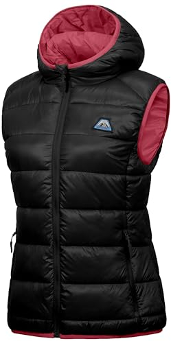 Mapamyumco Damen Daunenweste leichte wasserdichte lässige Outdoorjacke mit Kapuze, ärmellose Daunenjacke Schwarz M